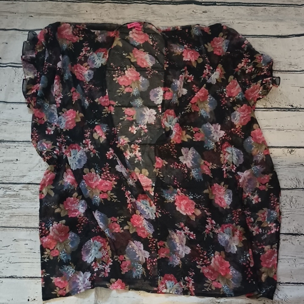 Betsey Johnson Black Pink Floral Print Sheer Kimono Shrug Duster OS